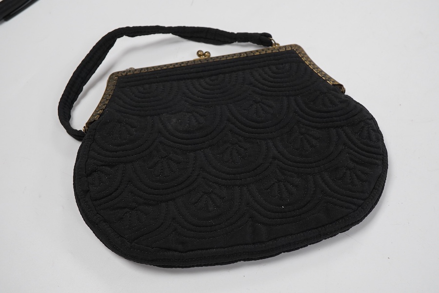 Four vintage embroidered evening bags, with embroidered Arabic calligraphy and purses together with a pair of baby shoes